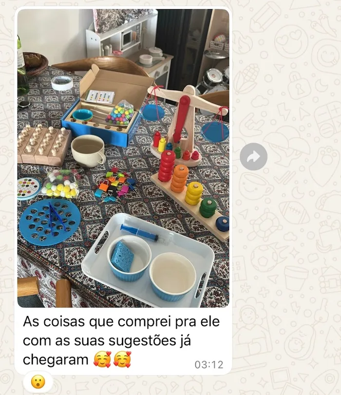 Foto enviada por uma mãe com os brinquedos Montessori que ela comprou, ao lado da mensagem: “As coisas que comprei pra ele com as suas sugestões já chegaram”